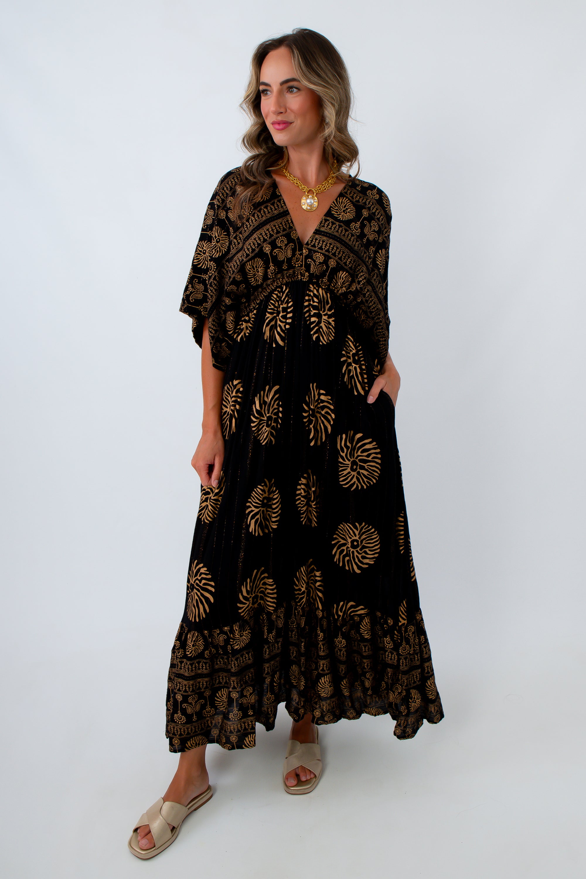 Celeste Black and Gold Lurex Maxi Dress