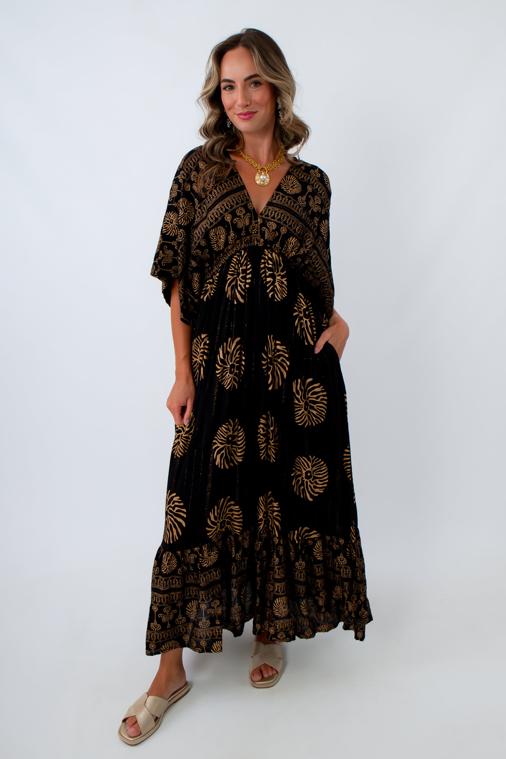 Black and gold dress with flowy sleeves, Black and gold wedding guest dress, black and gold maxi dress