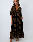 Black and gold dress with flowy sleeves, Black and gold wedding guest dress, black and gold maxi dress