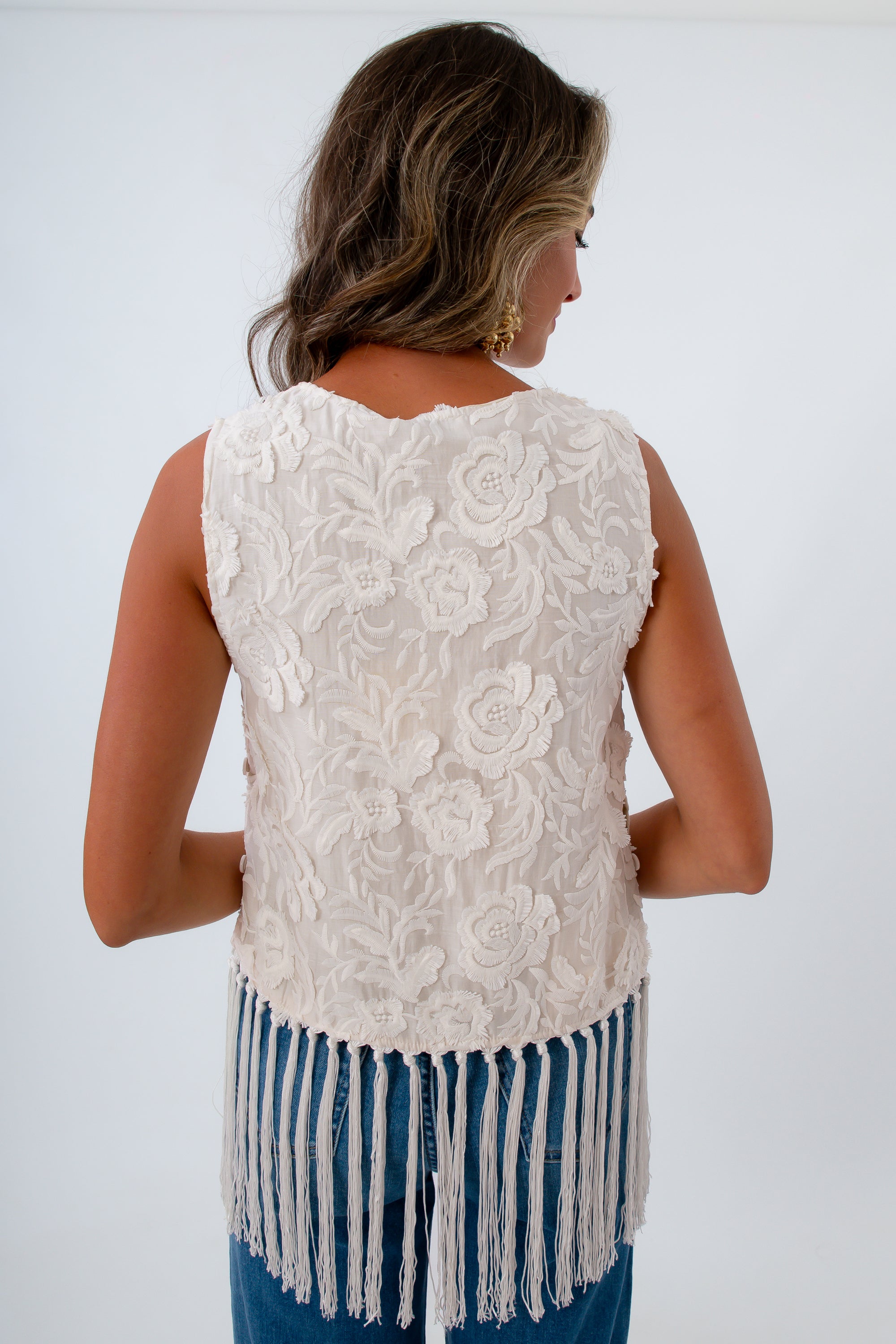 Floral embroidered blouse, ivory embroidered blouse, sleeveless ivory top, sleeveless top with fringe