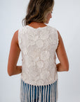 Floral embroidered blouse, ivory embroidered blouse, sleeveless ivory top, sleeveless top with fringe