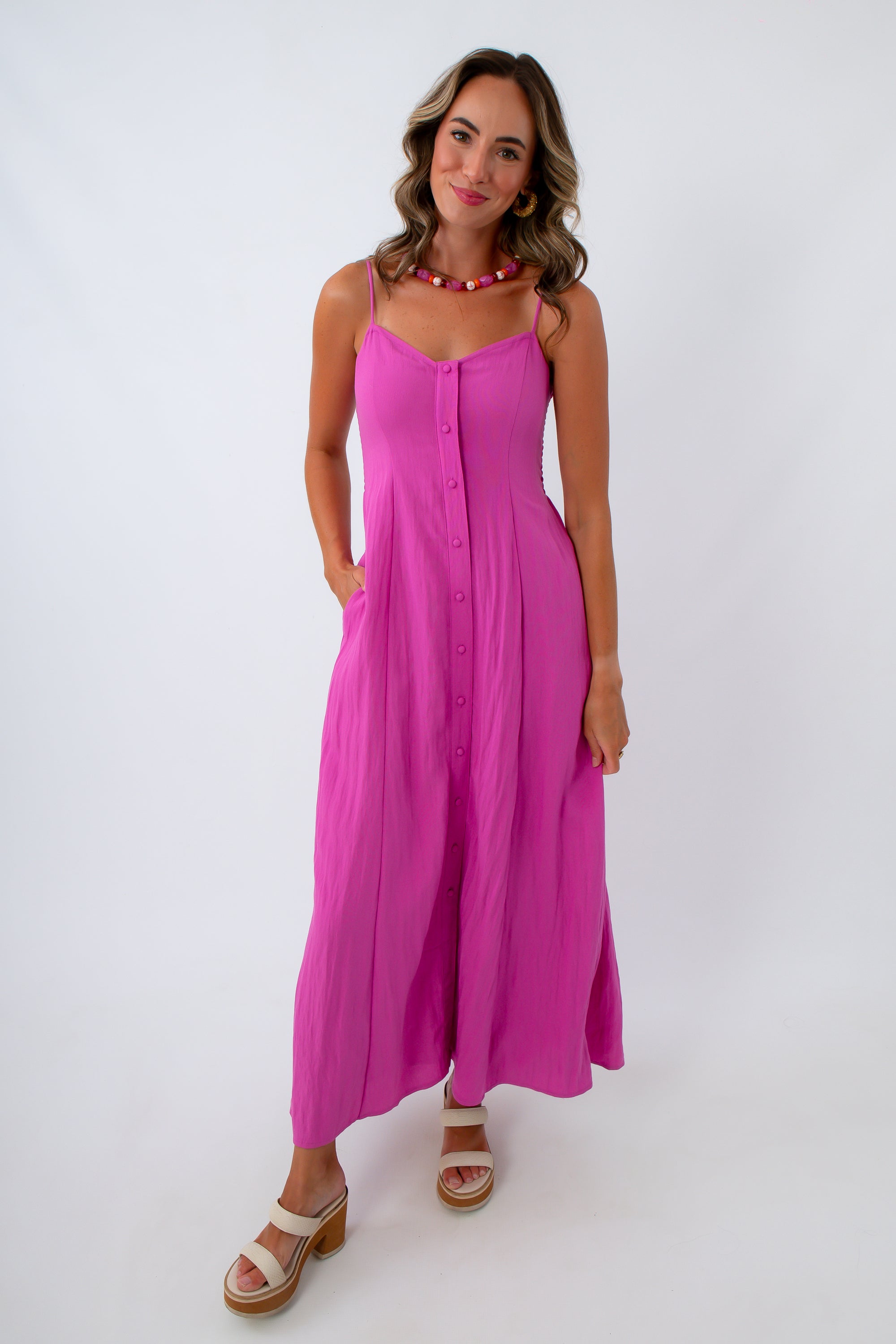 Midi dress with side pockets and buttons, pink midi dress with adjustable straps, sleeveless pink midi dress 