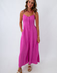 Midi dress with side pockets and buttons, pink midi dress with adjustable straps, sleeveless pink midi dress 