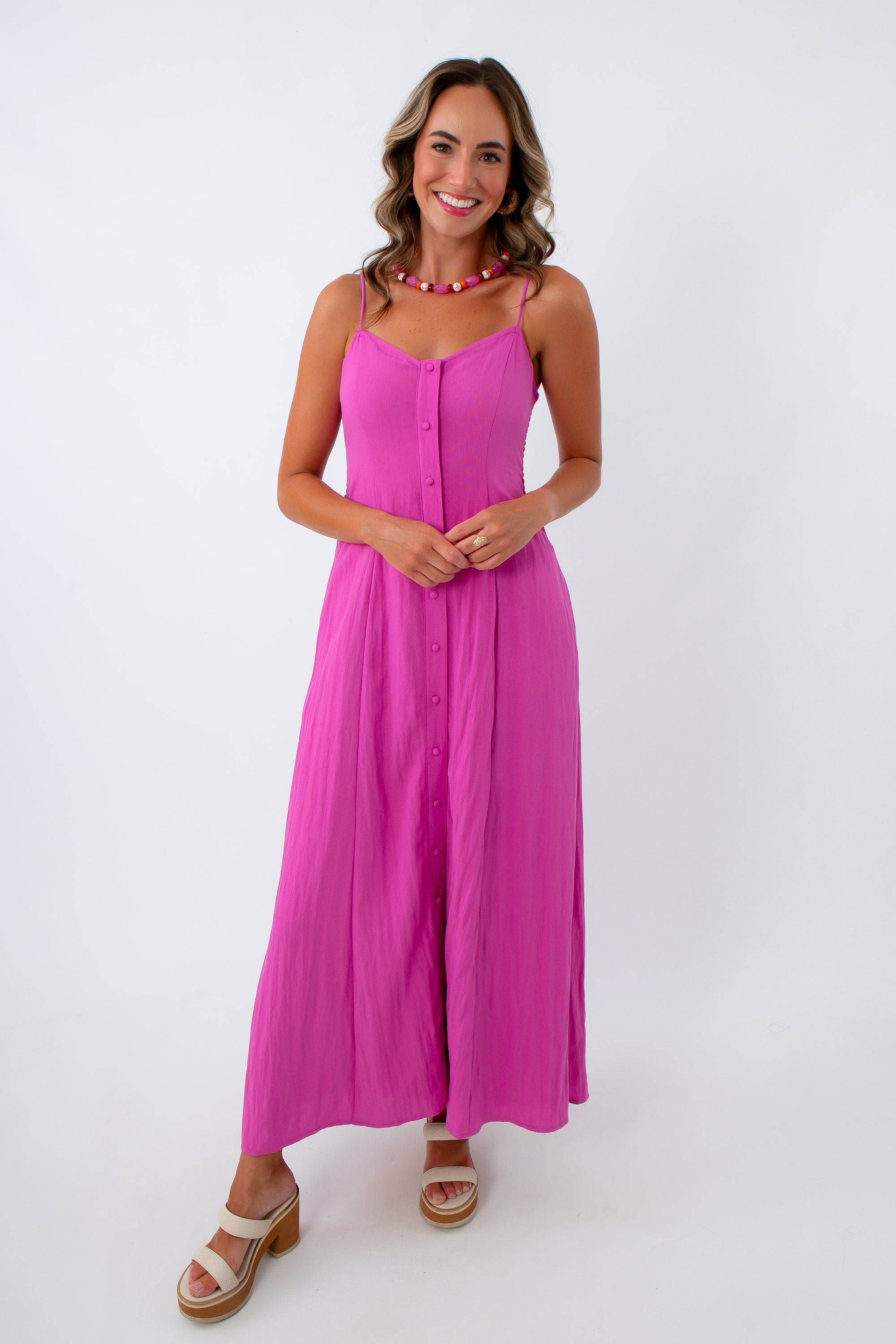 Adjustable strap midi dress for summer, pink midi dress with button front, dress with buttons down the front, Z Supply midi dress