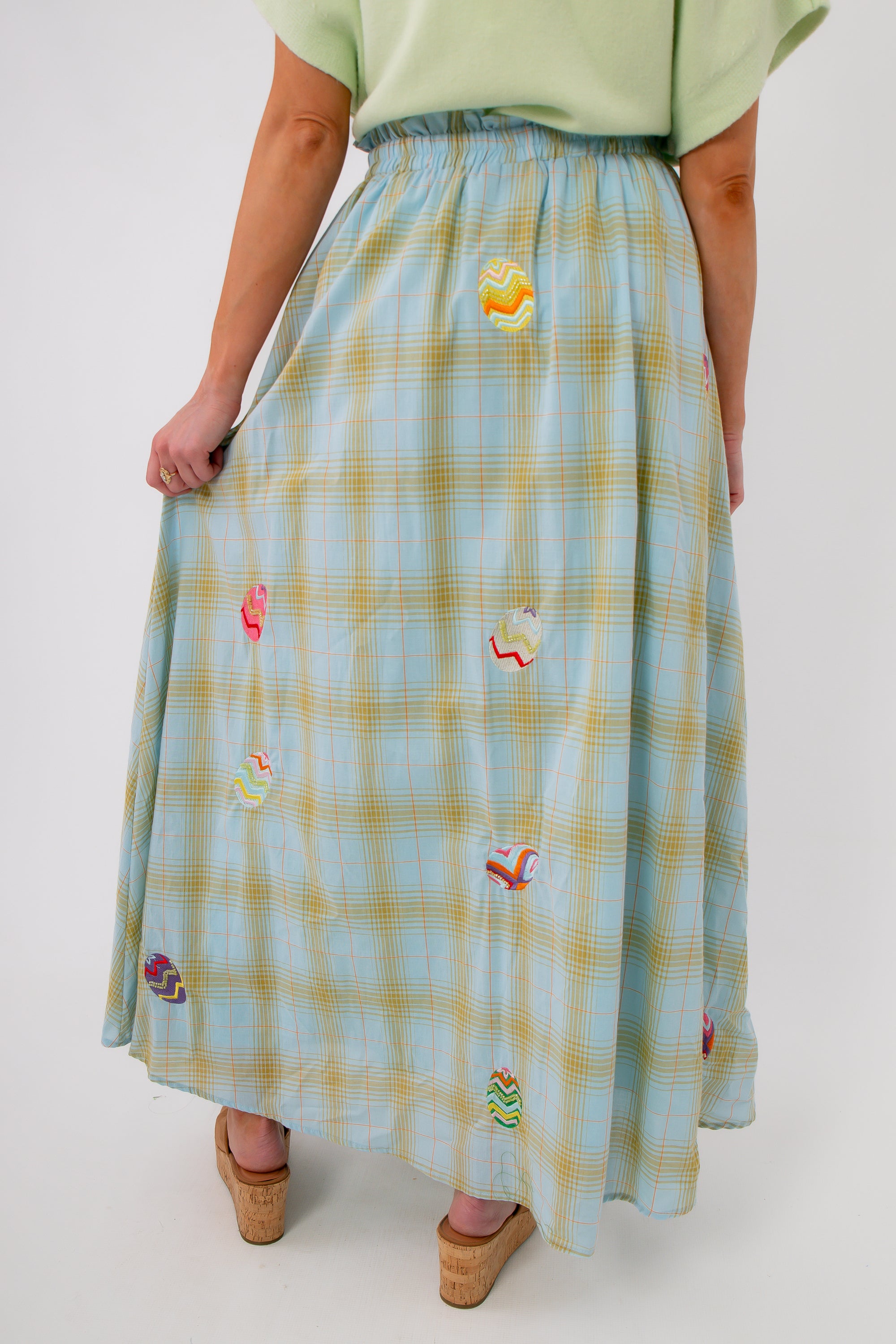 Queen of Sparkles plaid midi skirt with Easter egg appliqués