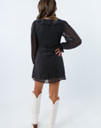 Lined black mini dress with sheer sleeves, Flirty black polka dot dress for fall