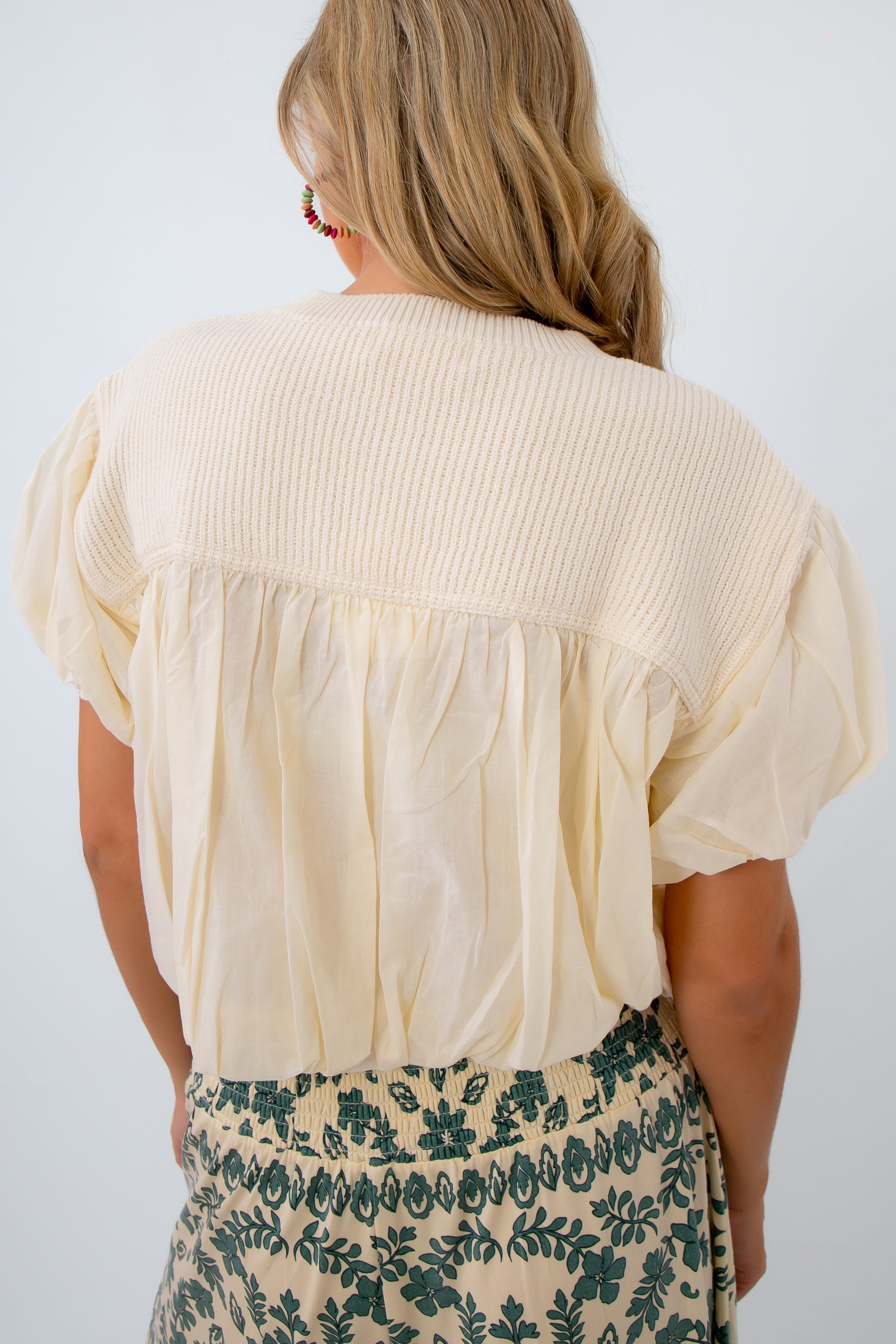Bubble hem knit and cotton top, bubble hem tops, ivory blouse, knit short sleeve top