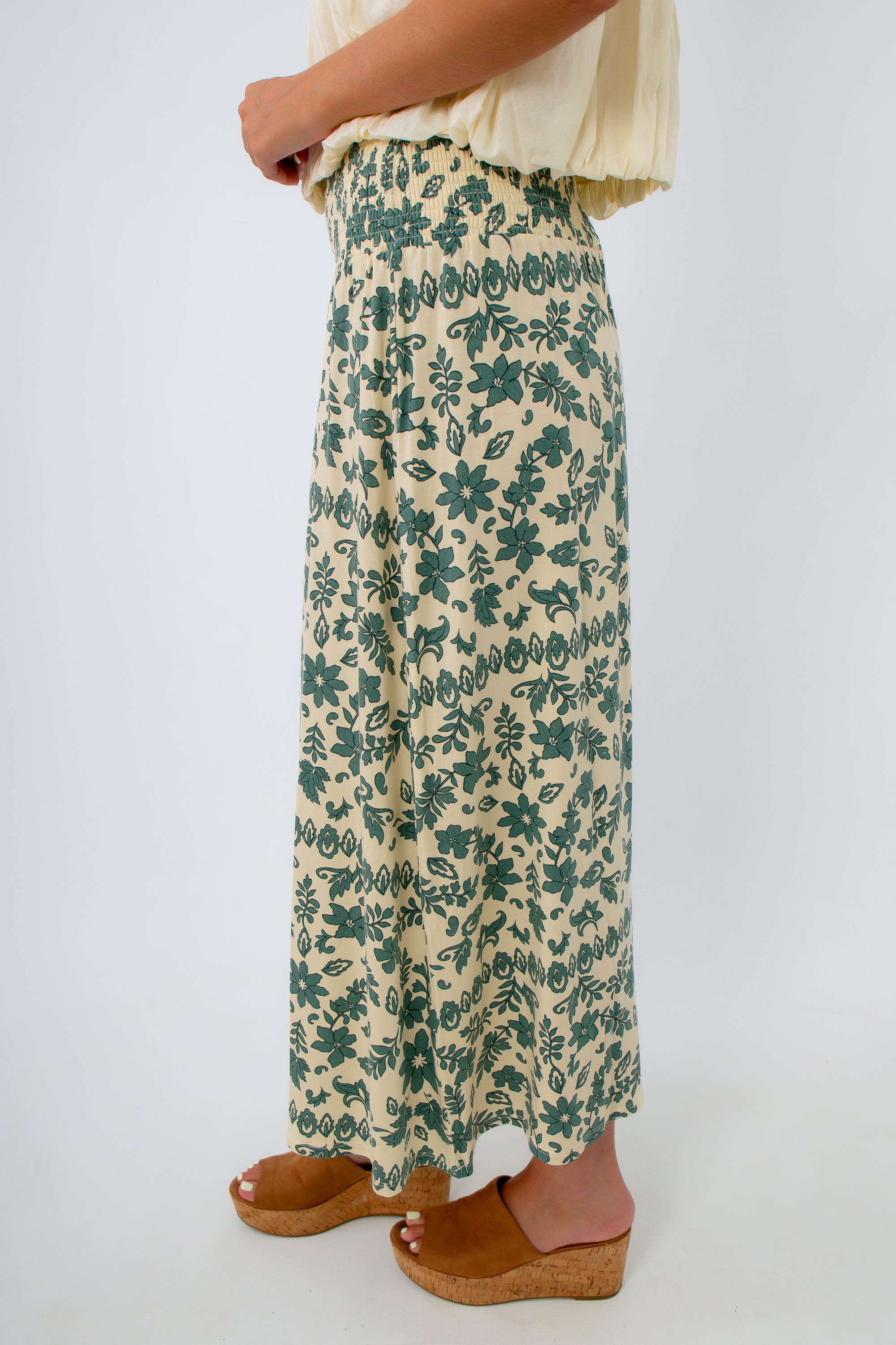 Maxi skirt with smocked waist, green and beige maxi skirt for fall