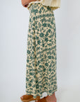 Maxi skirt with smocked waist, green and beige maxi skirt for fall
