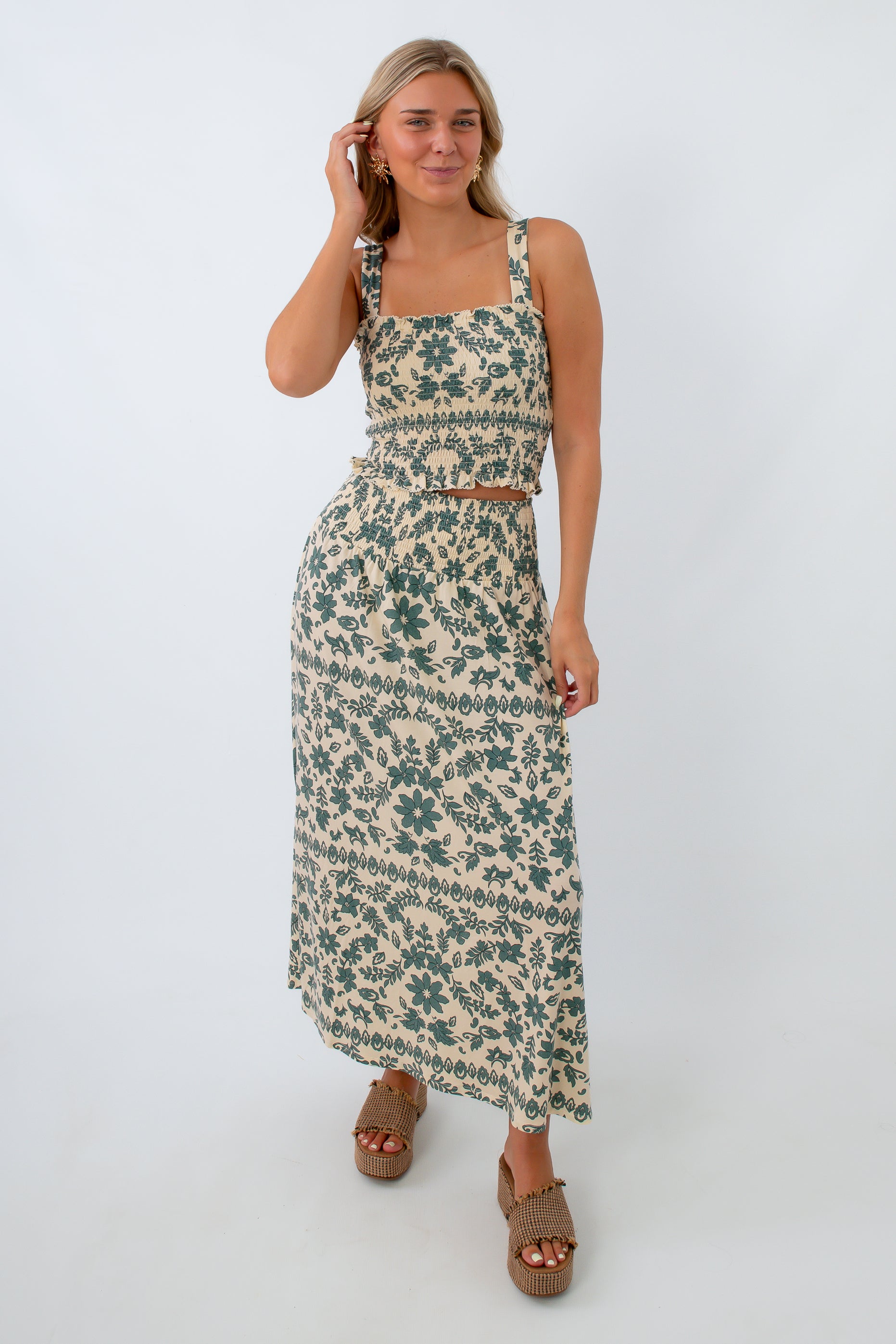 Z Supply Everglade Leya Tera Paisley Maxi Skirt and smocked top set
