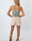 100% cotton ivory utility shorts with floral smocked tank for a neutral summer outfit