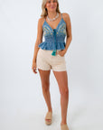 Denim cami with adjustable straps, 100% cotton top with embroidered detailing all over