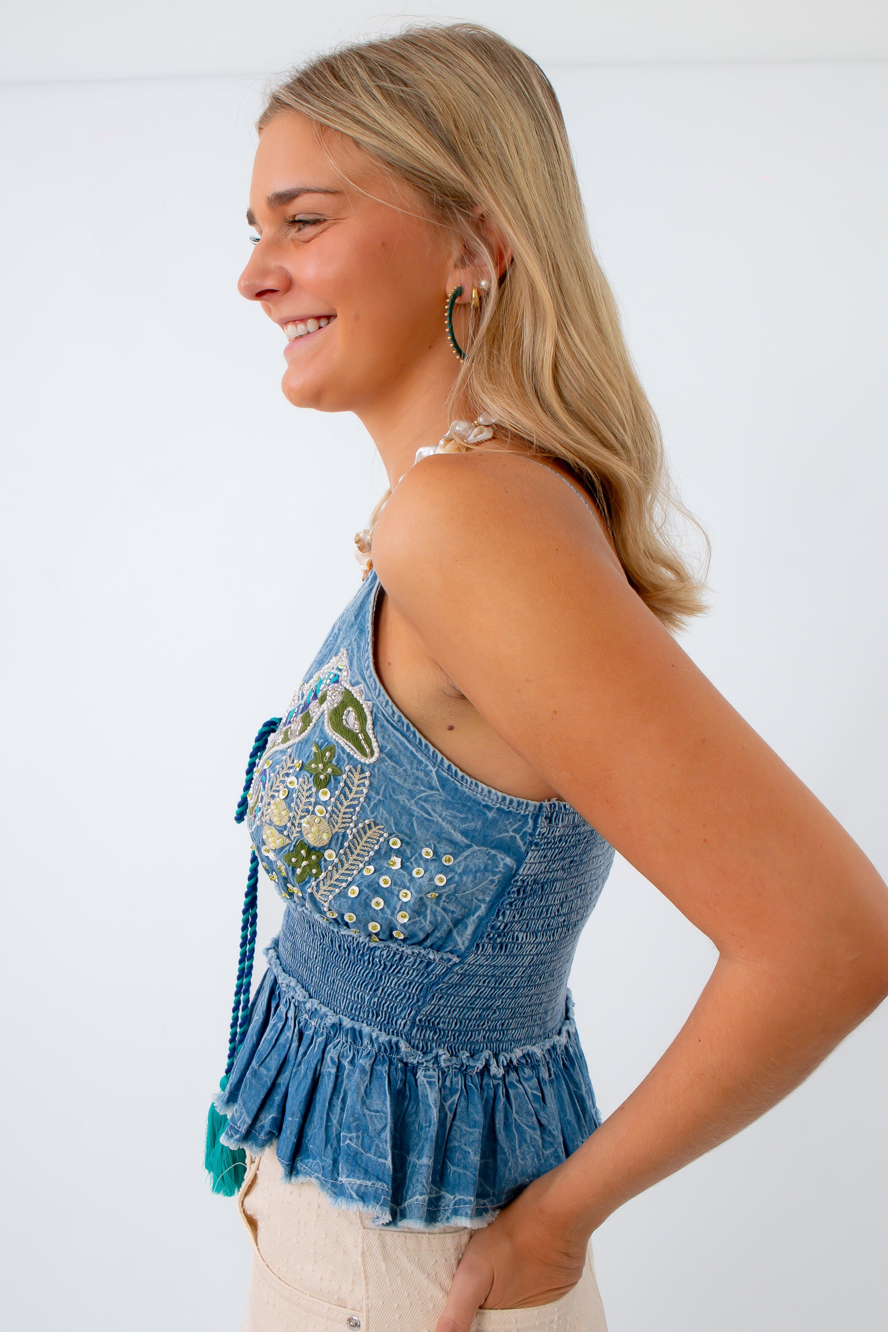 Coastal cowgirl aesthetic top, sequined denim top, vacation tops, top with seahorse on it