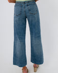 Back view of high rise wide leg denim jeans