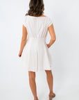White summer casual cotton dress with boatneck neckline and short sleeves