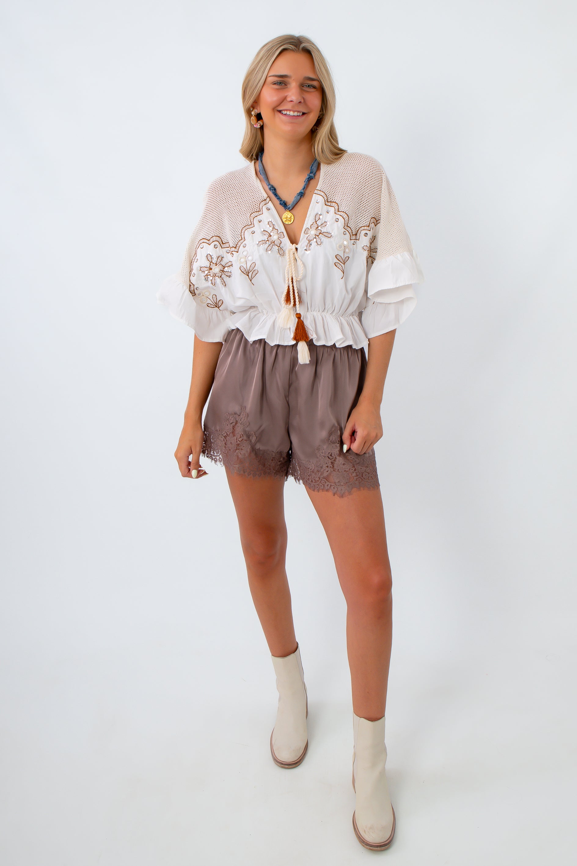 Ivory short sleeve top for country concert, boho fall tops, ivory top with embroidered details