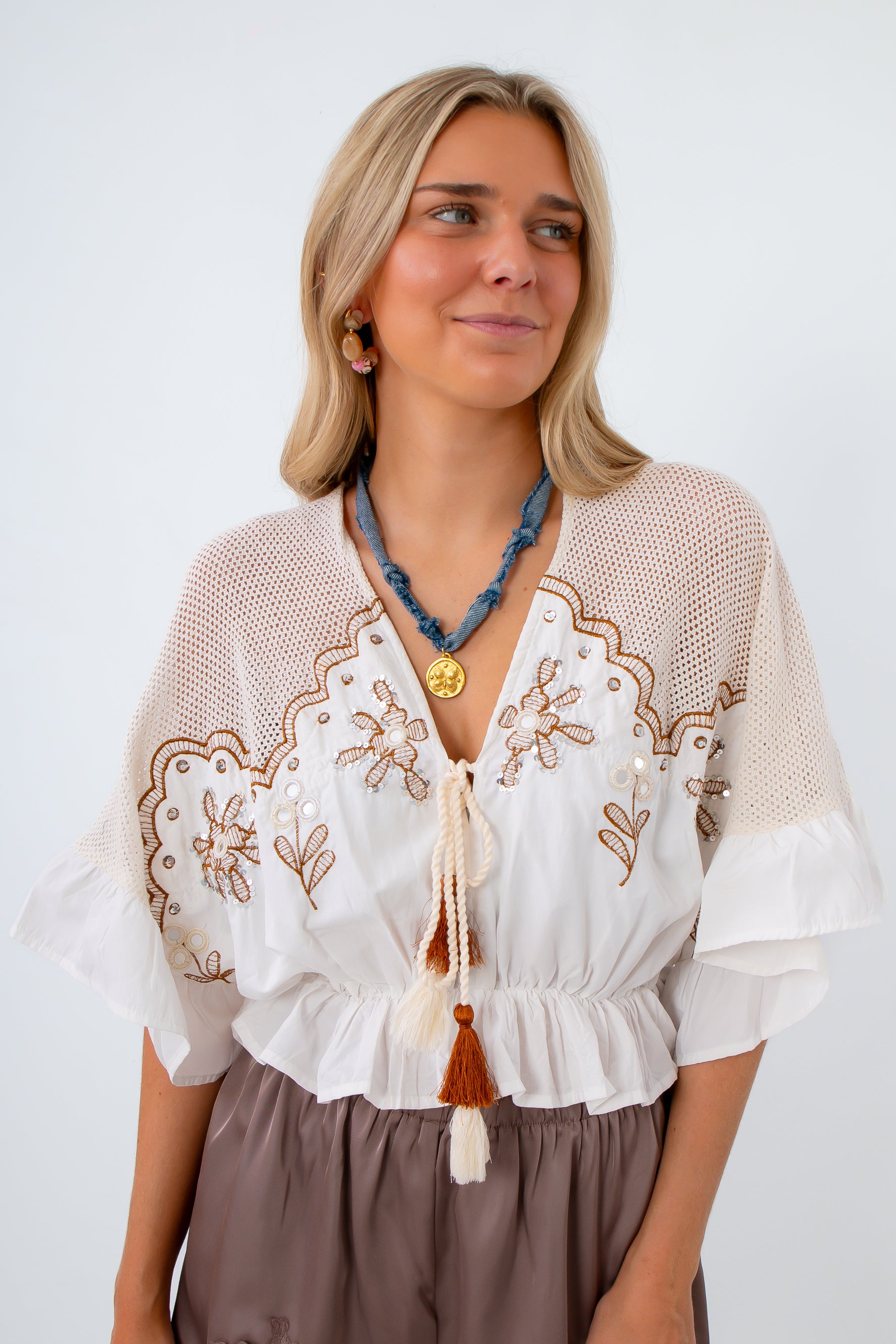 Embroidered top with mirror sequins, ivory boho top with sequins and embroidery