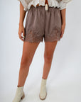 Brown lace trim shorts for fall, brown satin shorts with lace trim, fall shorts, fall lace shorts, brown lace shorts