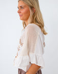 Short sleeve embroidered top, 100% cotton blouse for women, boho ivory tops