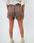 Boho chic mocha dress shorts, brown shorts with lace trim, shorts for fall