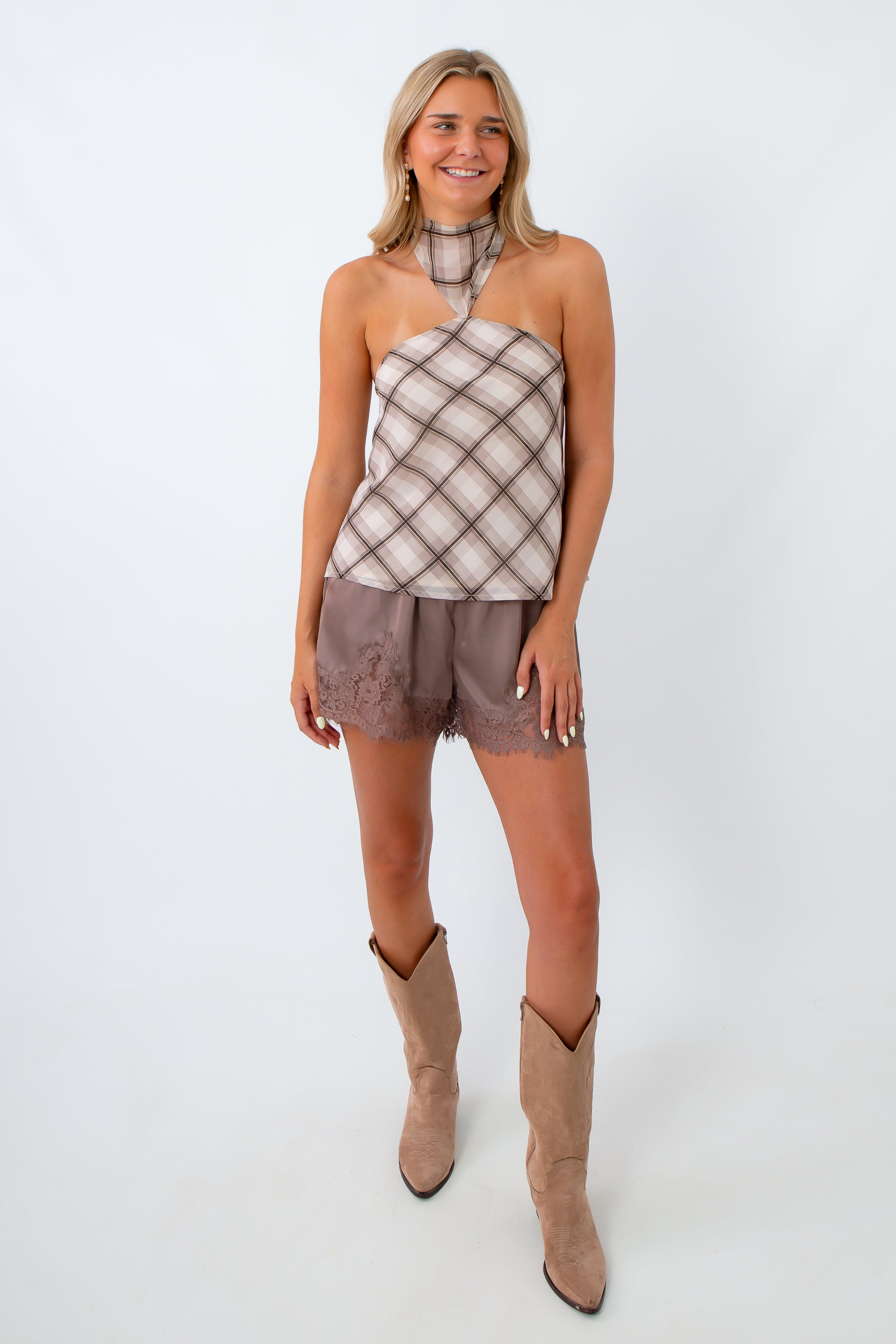 Adjustable halter neck plaid top, fall halter top, plaid halter top
