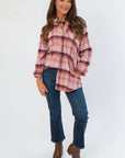 Cozy and chic Magenta Haze Manny Plaid Flannel Shirt in soft flannel fabric, perfect for casual fall and winter outfits.