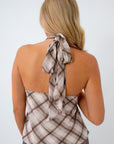 Sleeveless plaid top, plaid top with halter neckline, chic going out tops