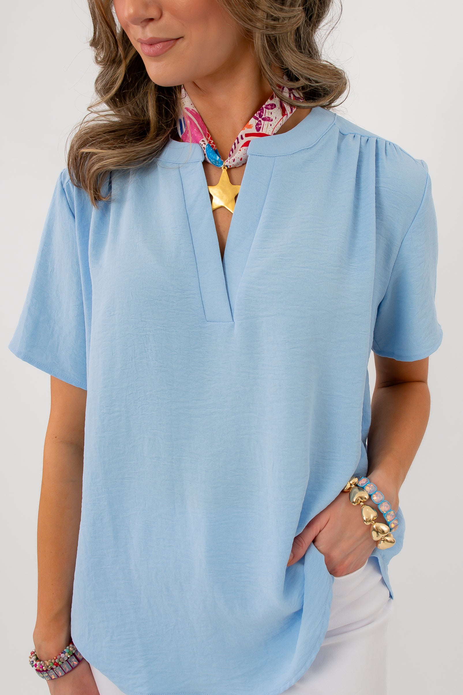 Robin Powder Blue Short Sleeve Blouse with V-neck