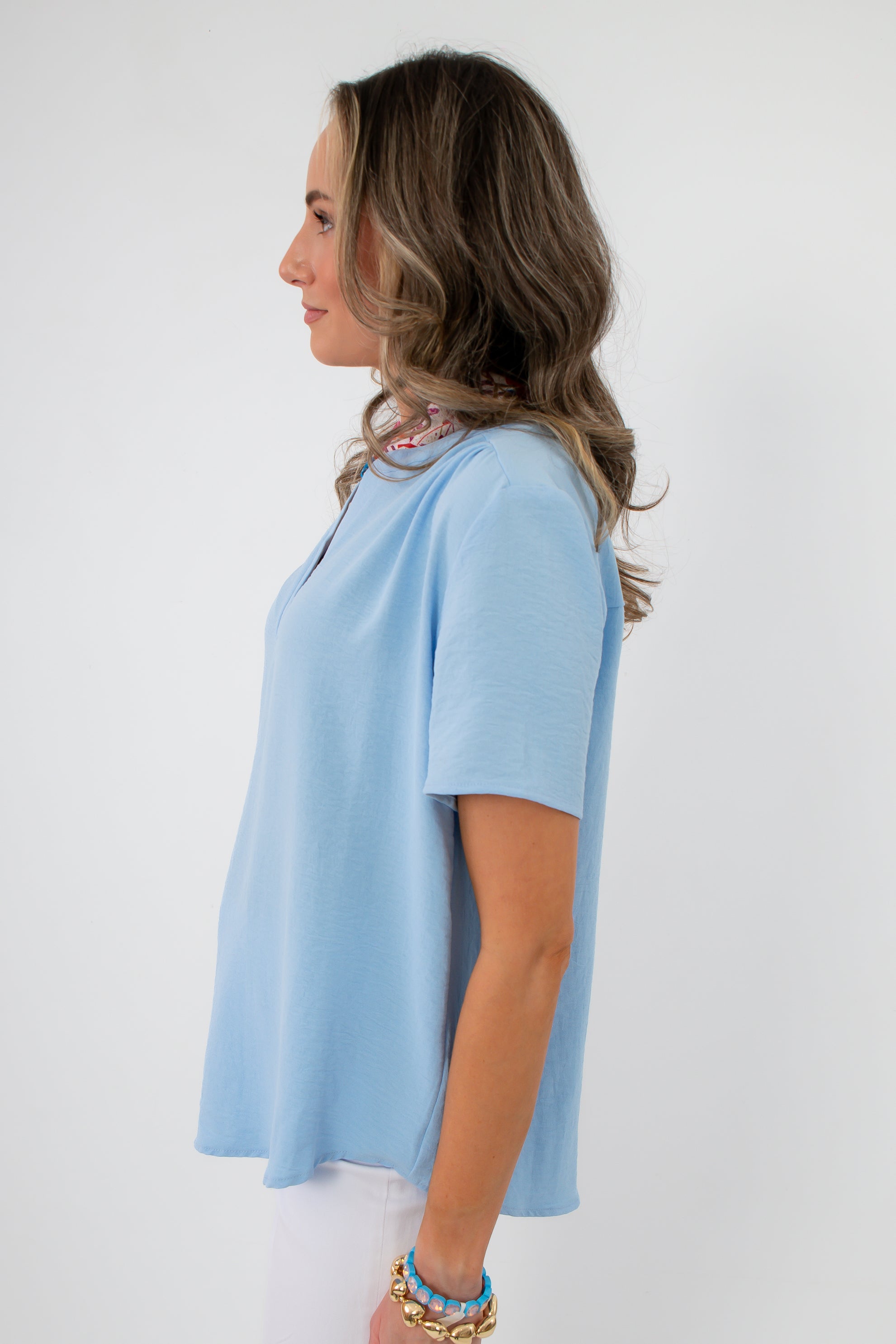 Side view of Robin Powder Blue Short Sleeve Blouse
