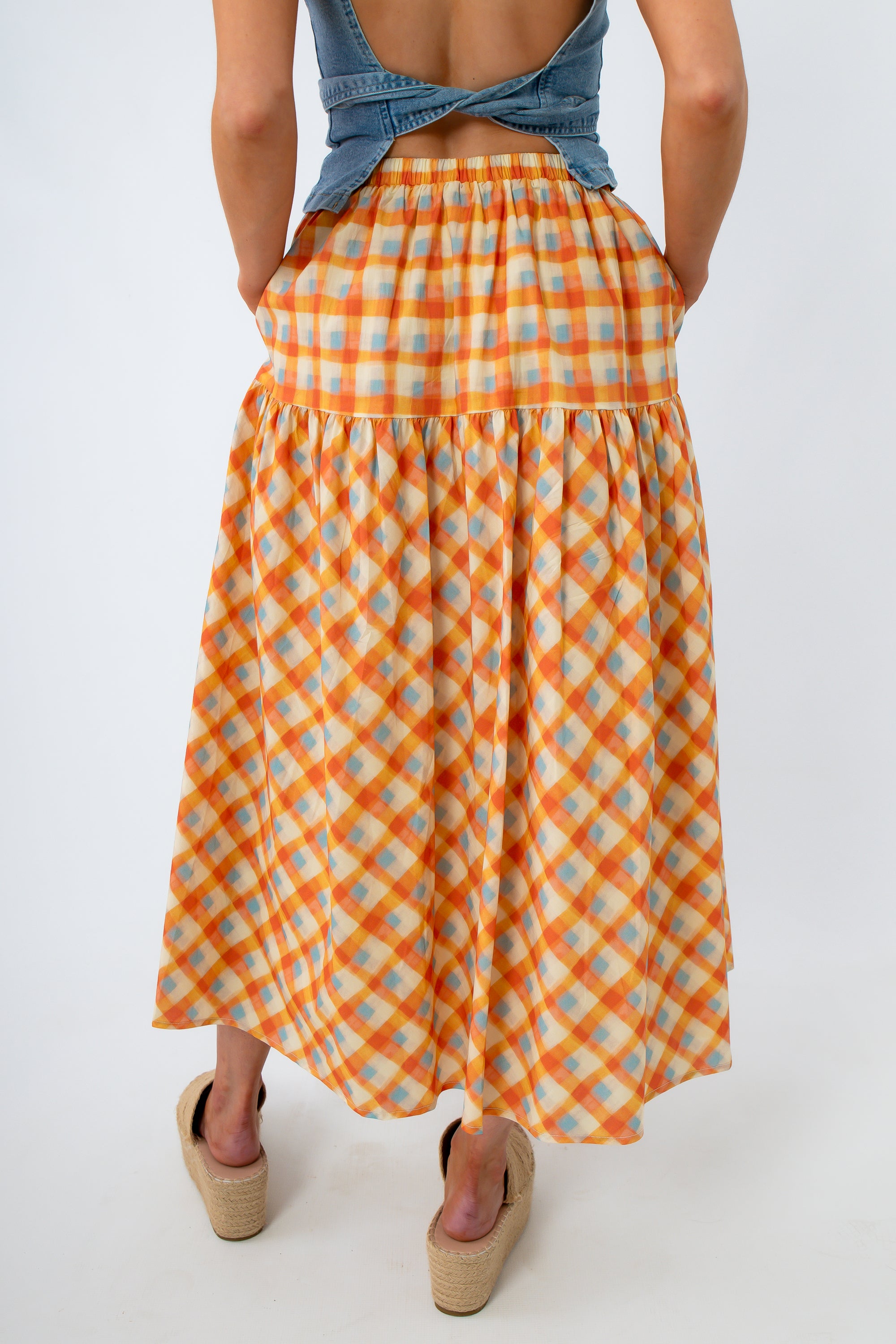 Summer Breeze Orange Plaid Midi Skirt