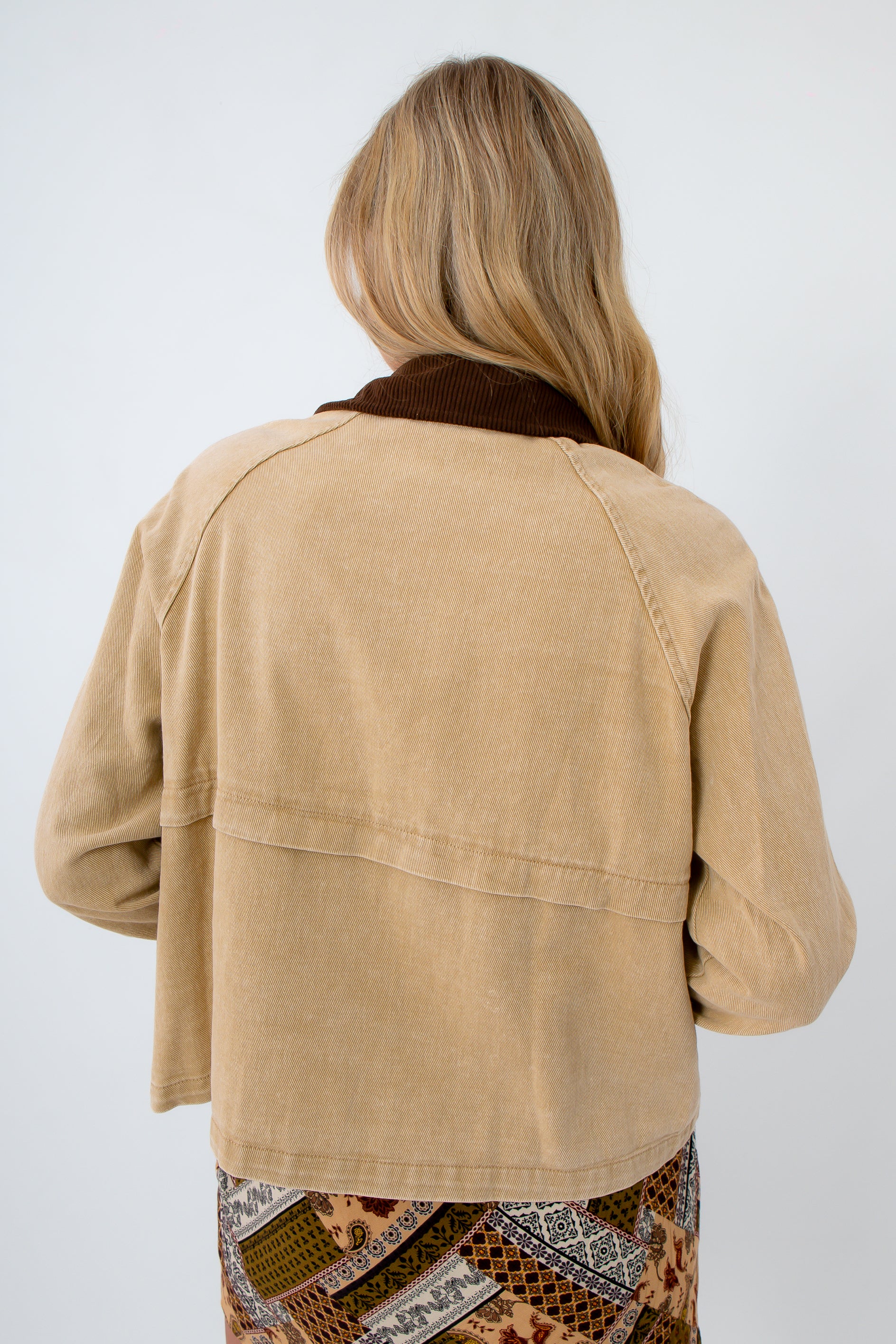 Lightweight fall jacket, jacket with corduroy collar, women's barn jacket, women's beige jacket
