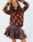 Candy Corn Sweater - Candy Corn Brown with fun candy corn motif, paired with a ruffled leather skirt. Cozy fall top for Halloween lovers.