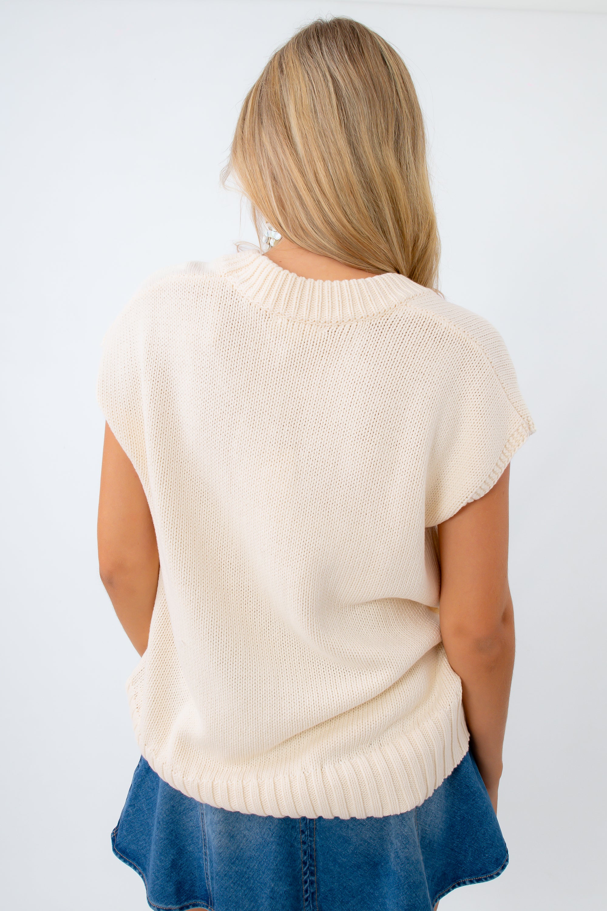 Breathable short sleeve knit top, cream knit sweater, cream knit short sleeve top