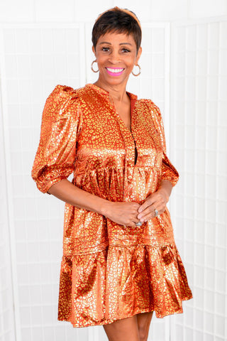 Orange & Gold Metallic Cheetah Print Dress-TCEC-L. Mae Boutique