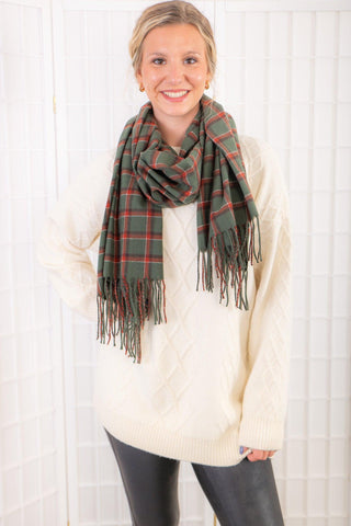 Tartan Plaid Green and Red Fringe Scarf-Bella Chic-L. Mae Boutique