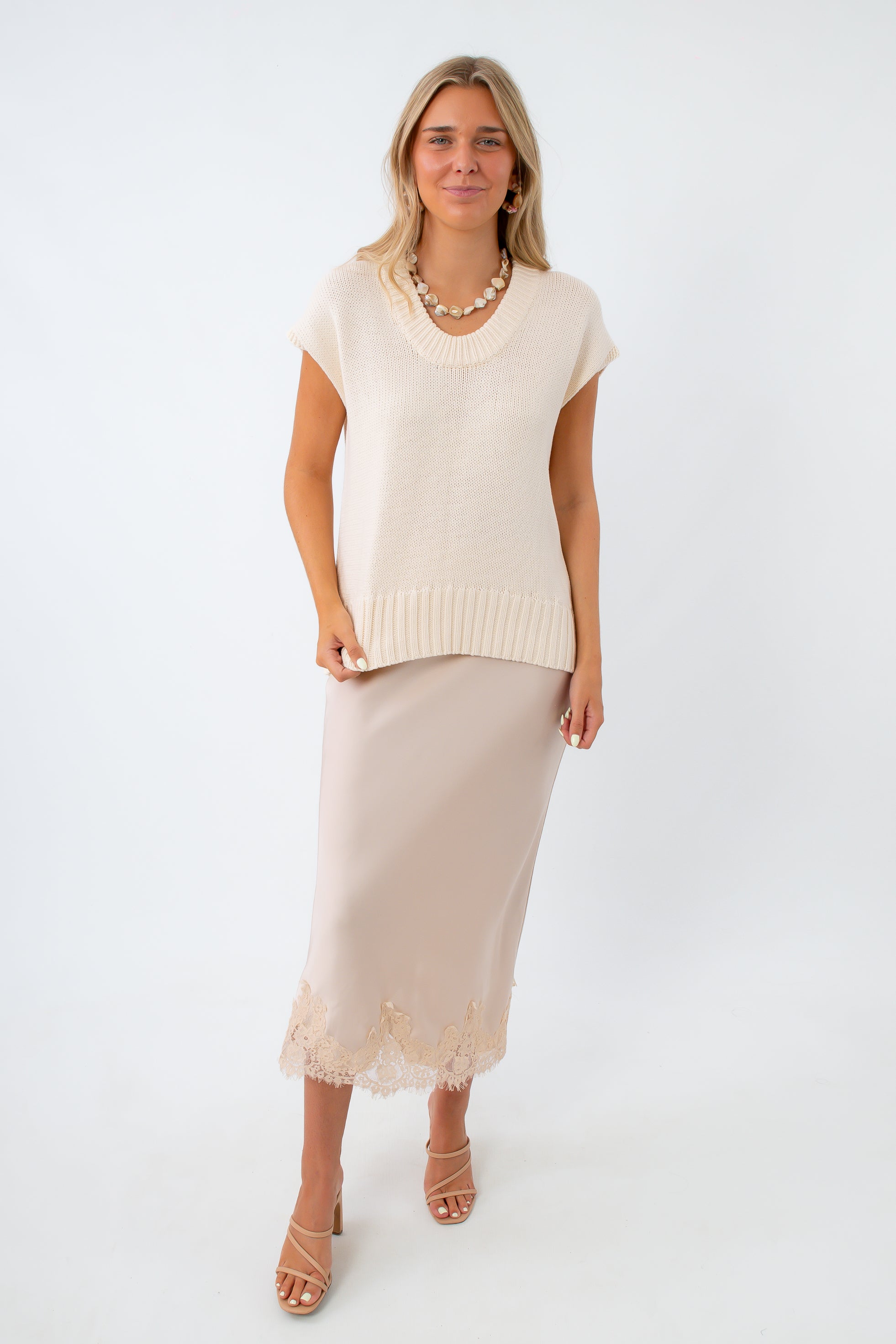 Evelyn Ivory Lace Trim Satin Midi Skirt