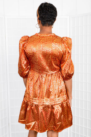 Orange & Gold Metallic Cheetah Print Dress-TCEC-L. Mae Boutique