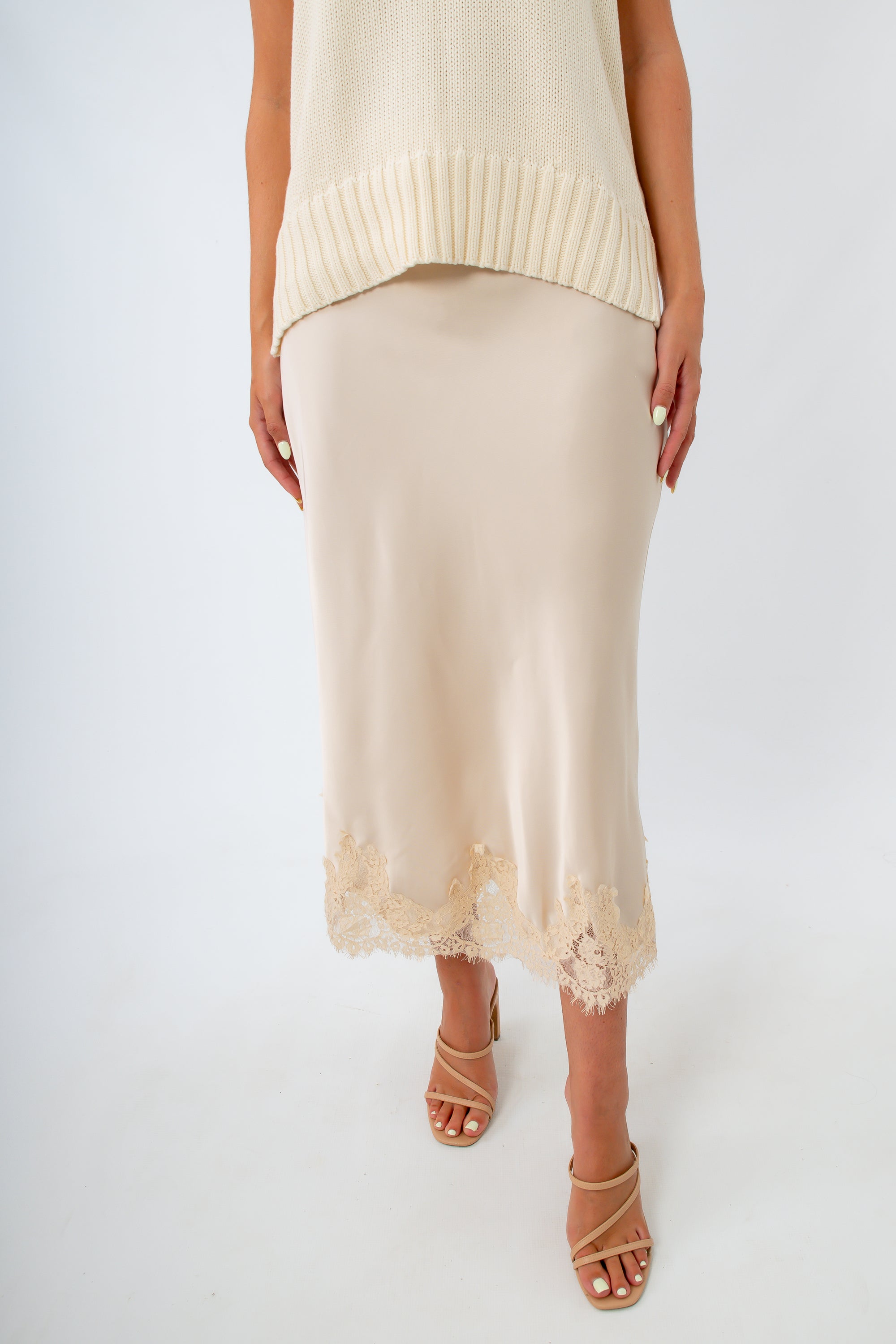 Elegant ivory fall midi skirt, fall midi skirt, fall satin skirt with lace trim, ivory midi skirt