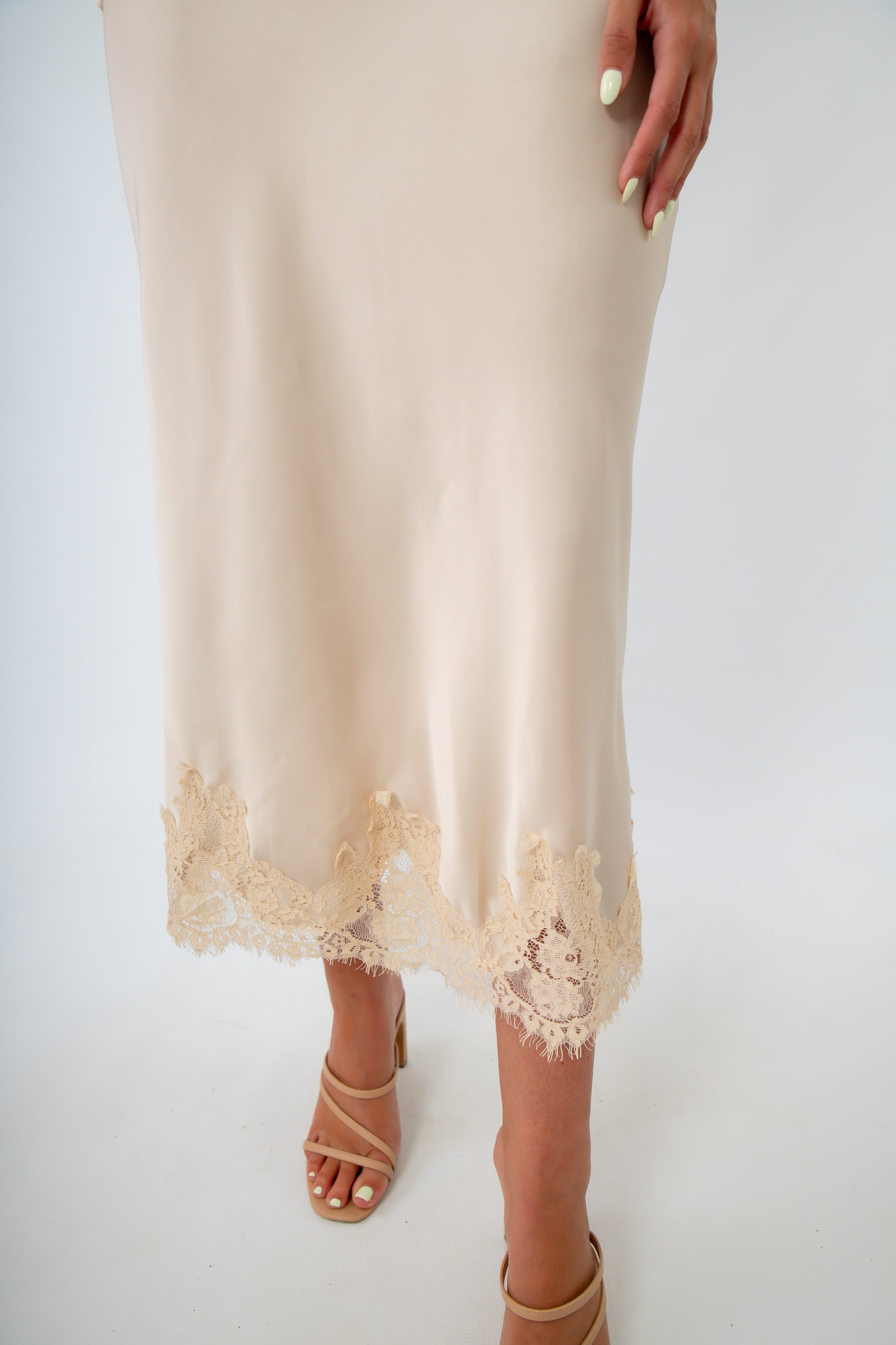 Ivory satin midi skirt with lace trim, midi skirt with lace detailing