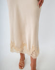 Ivory satin midi skirt with lace trim, midi skirt with lace detailing