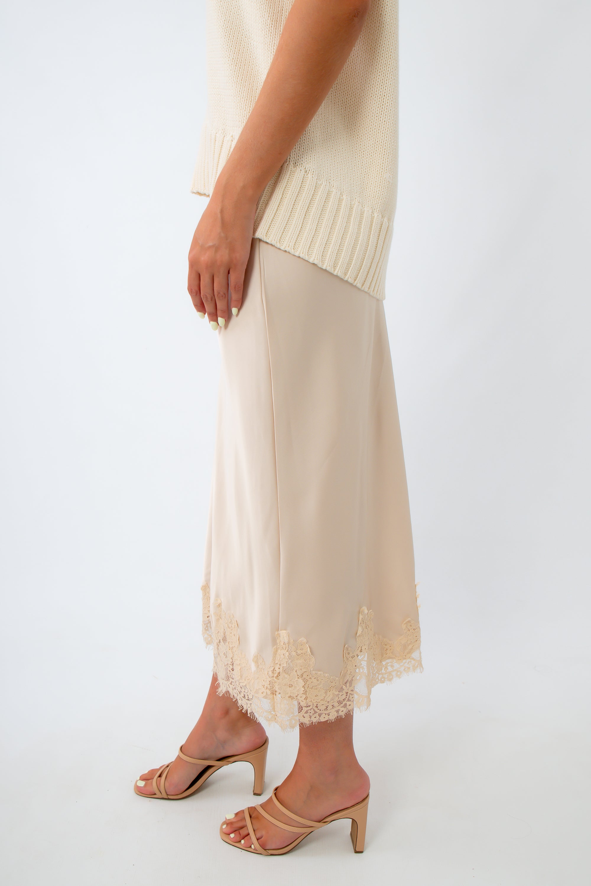 Satin midi skirt with lace hemline, satin midi skirt with lace detailing, ivory midi skirt with lace trim