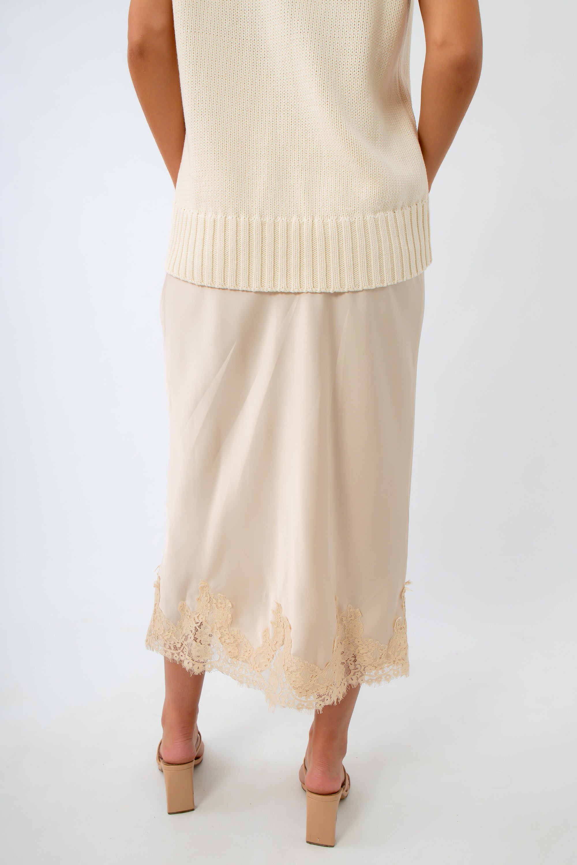 Cream satin midi skirt, cream skirt with lace, satin skirt with lace trim