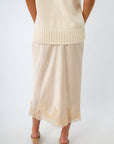 Cream satin midi skirt, cream skirt with lace, satin skirt with lace trim
