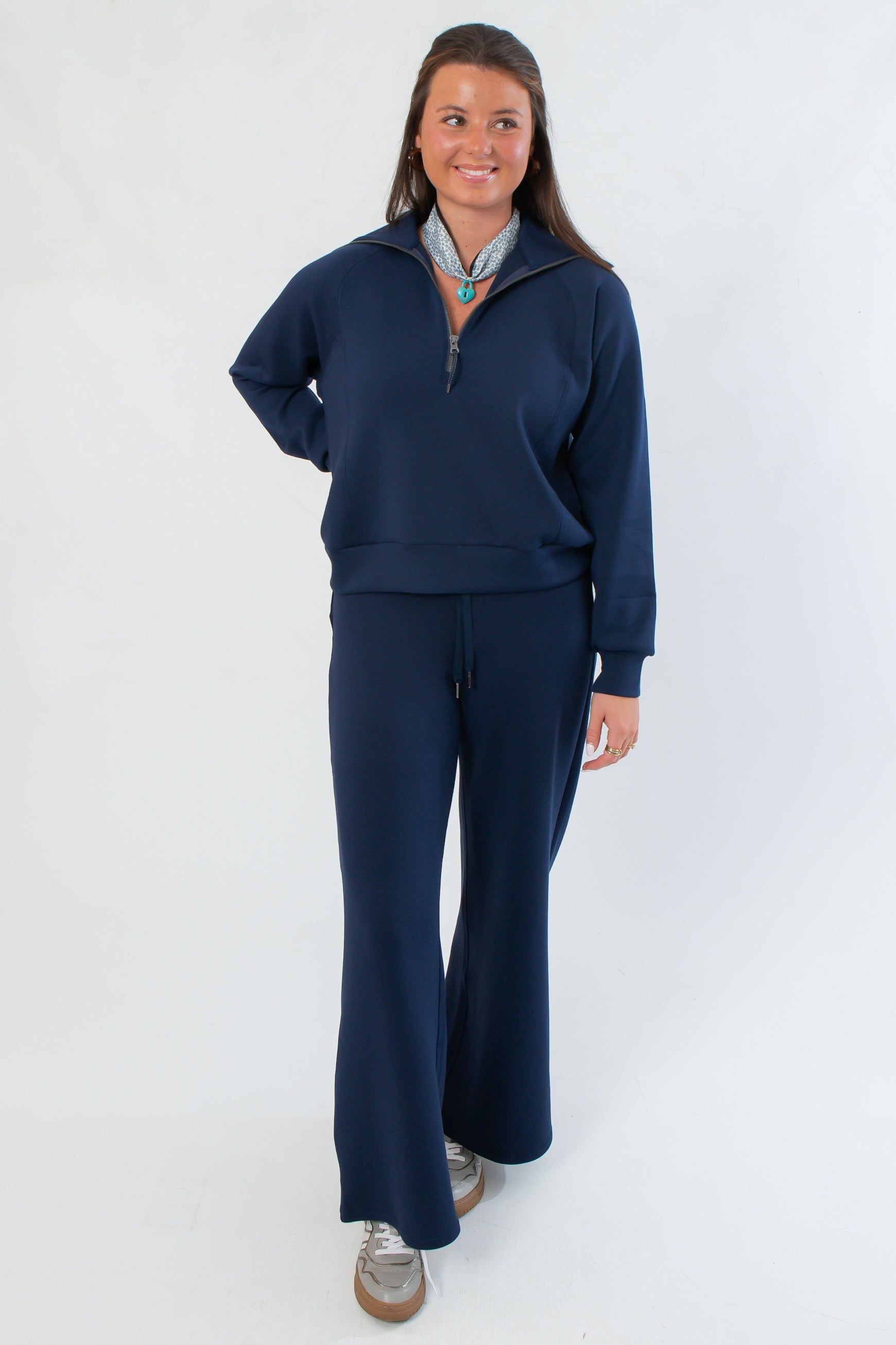 Full view of Spanx Timeless Navy AirEssentials Half Zip top paired with matching lounge pants, ideal for cozy and stylish lounging.