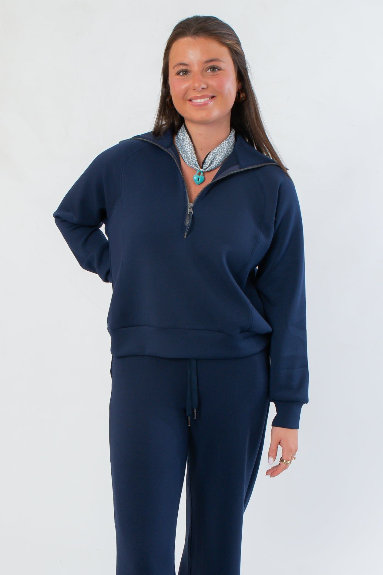 Spanx AirEssentials Half Zip in navy with a relaxed fit and lightweight fabric, perfect for breathable comfort and everyday wear.