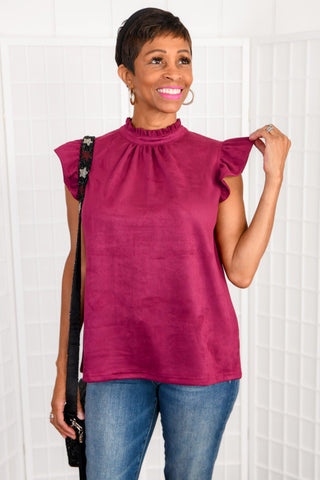 Vibrant Expression Wine Suede Ruffle Sleeve Top-Voy-L. Mae Boutique