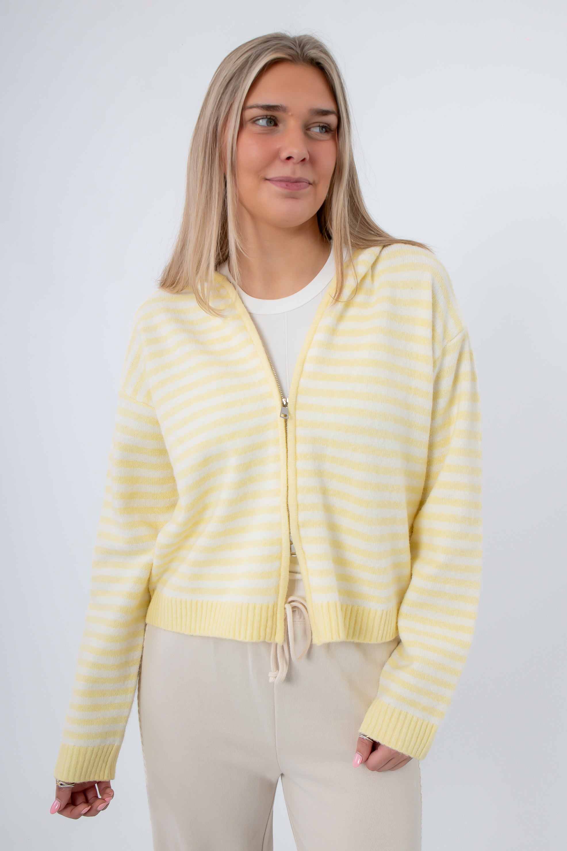 Yellow striped zip hoodie for women, casual outerwear