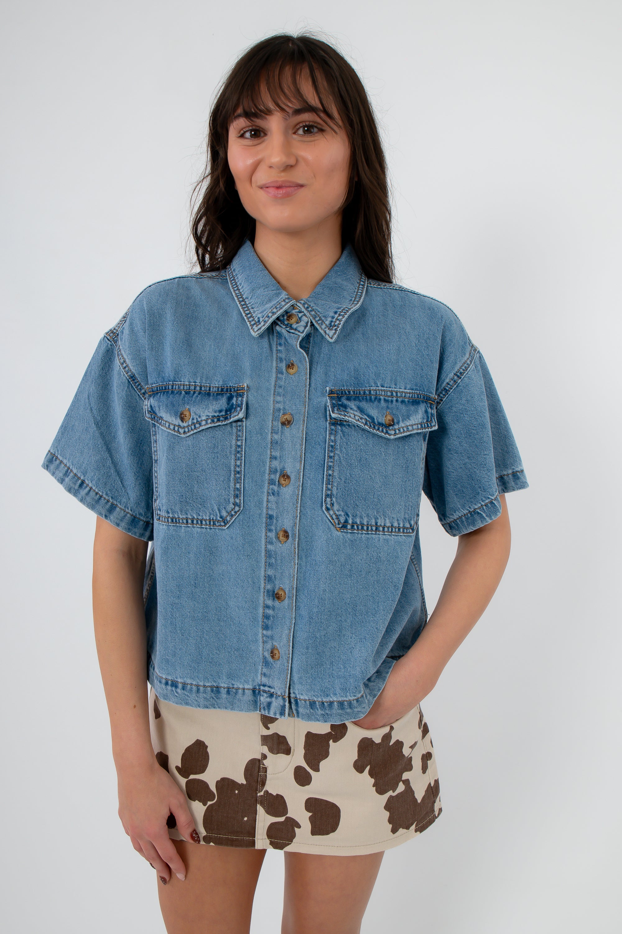 Broadway Denim Button Up Short Sleeve Top front view