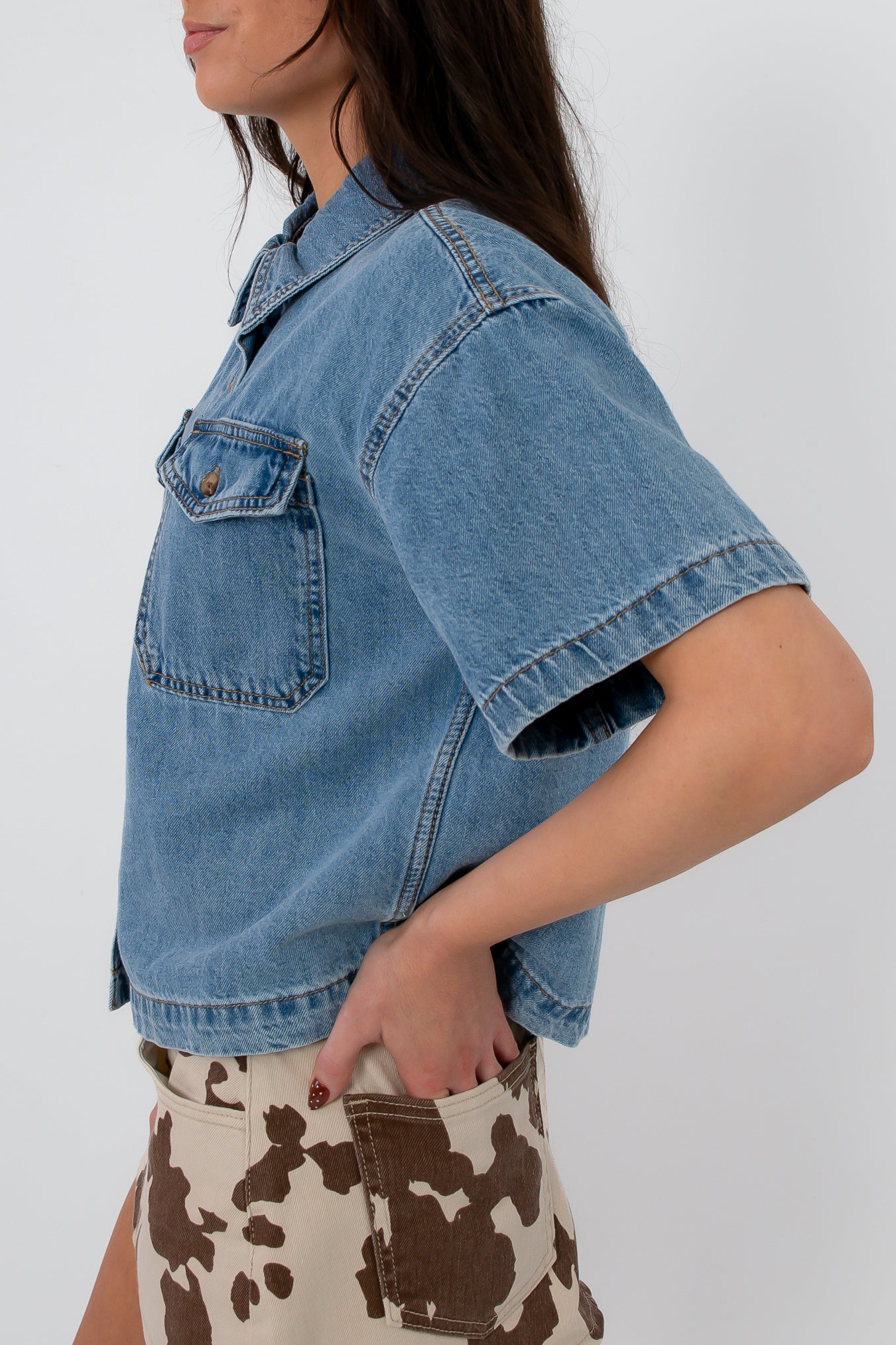 Broadway Denim Button Up Short Sleeve Top side view