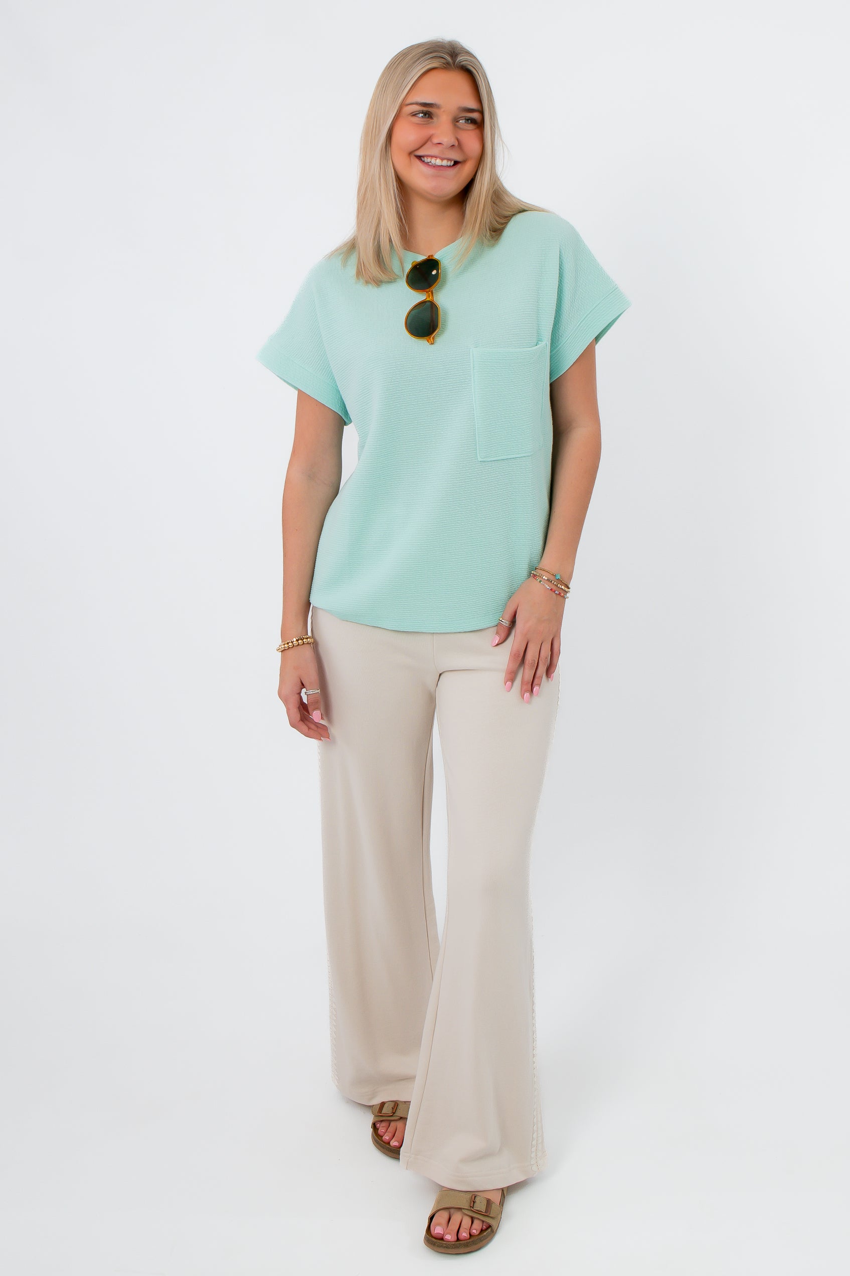 Seafoam ribbed knit short sleeve pocket tee with pants